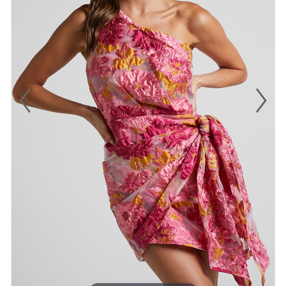 SHOWPO BRAILEY ONE SHOULDER WRAP FRONT MINI DRESS IN PINK JACQUARD SIZE 2